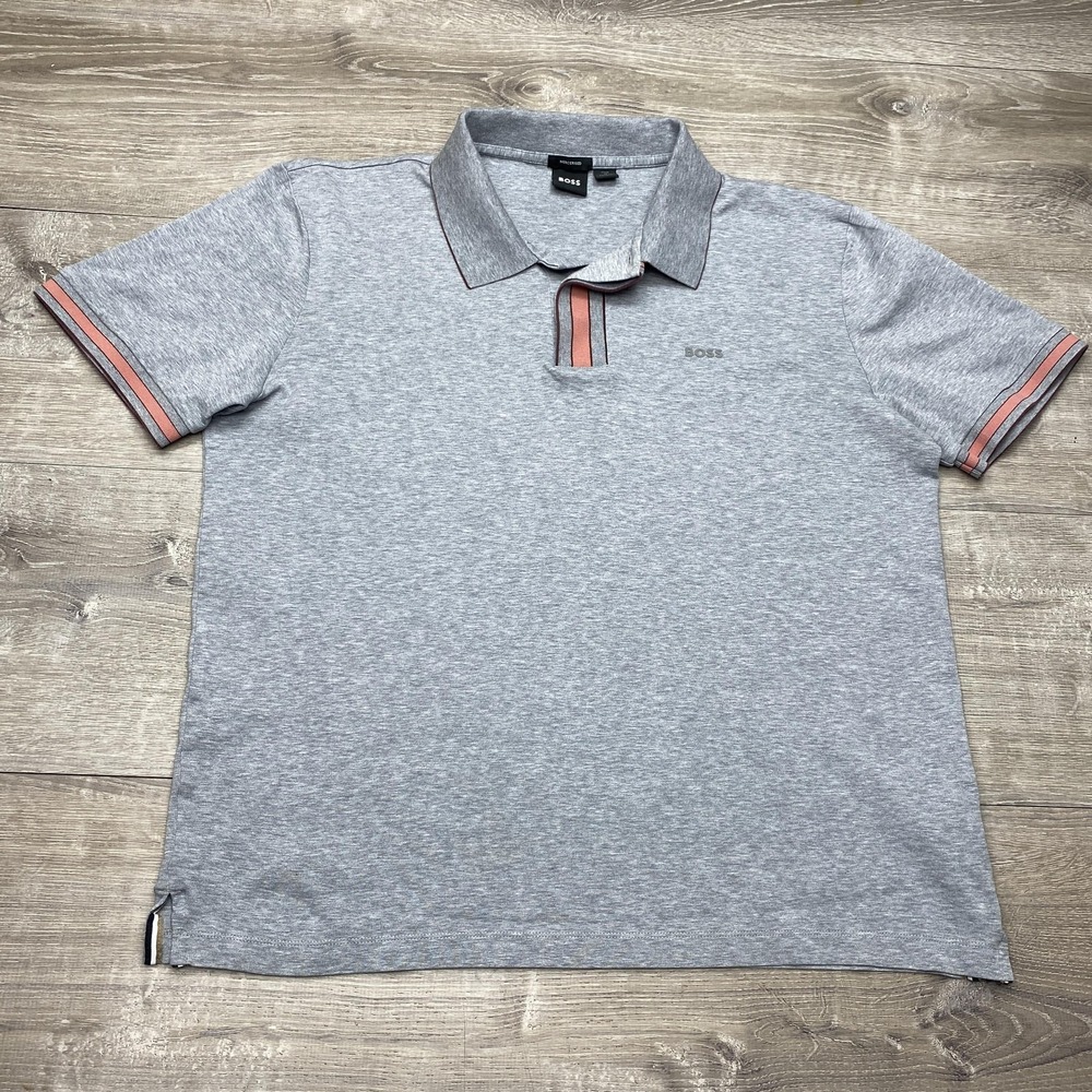 Boss Polo Shirt Mens XL Gray Short Sleeve Mercerised Cotton Logo Trim Accent